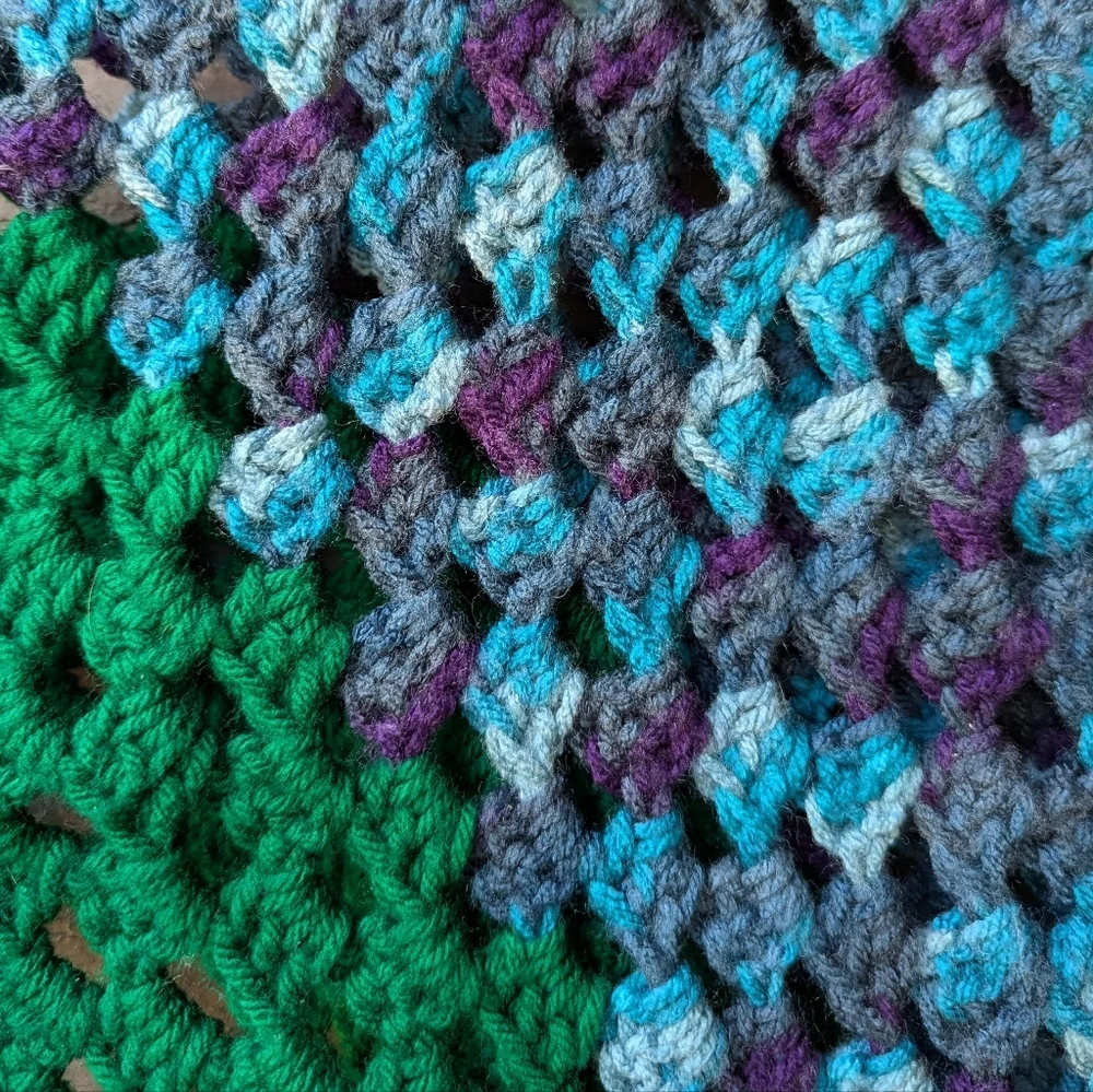 Handmade Colorful Crochet Triangle Shawl Green Aqua Purple Gray
